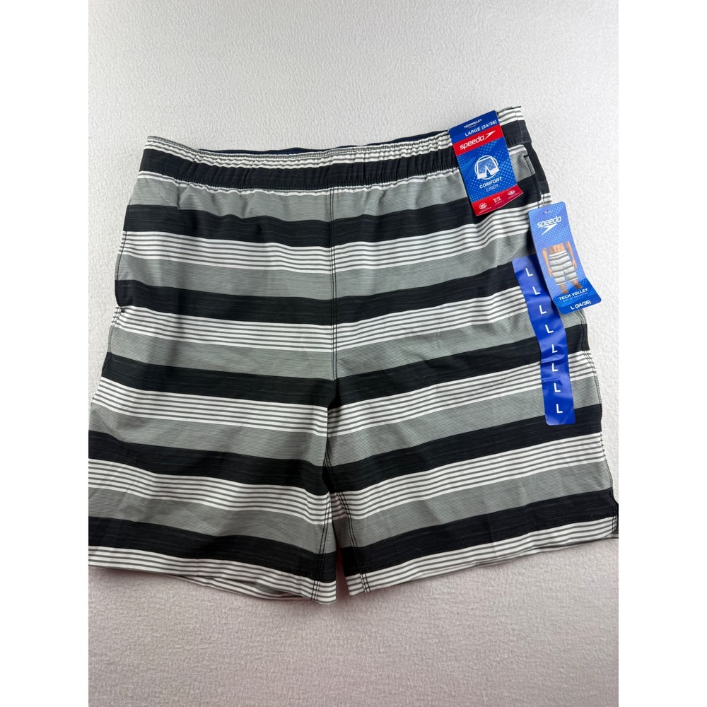 Speedo Mens Tech Volley Swim Trunks Striped Black‎ Grey L 34-36 NWT
